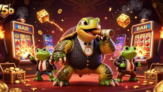 75BD casino scene with a snapping turtle mobster, bullfrogs, and exploding slot machines.