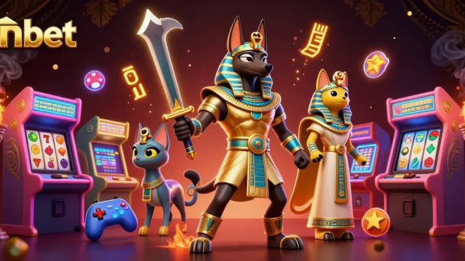 Engage with nbet in this vibrant casino scene featuring Anubis and Bastet amidst slot machines.