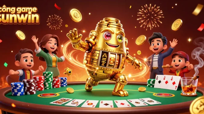Spin and win big at cổng game sunwin with this vibrant illustration featuring a golden golem and poker elements.