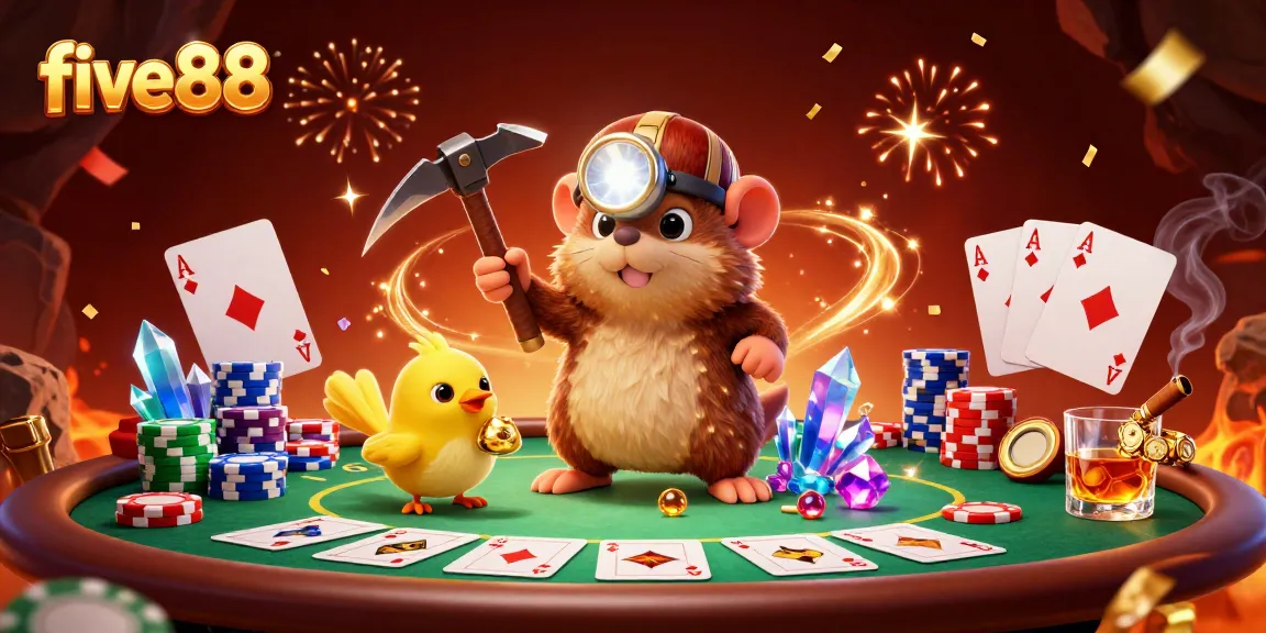 Experience the excitement of five88 with a vibrant casino scene featuring a mining mole and poker elements.