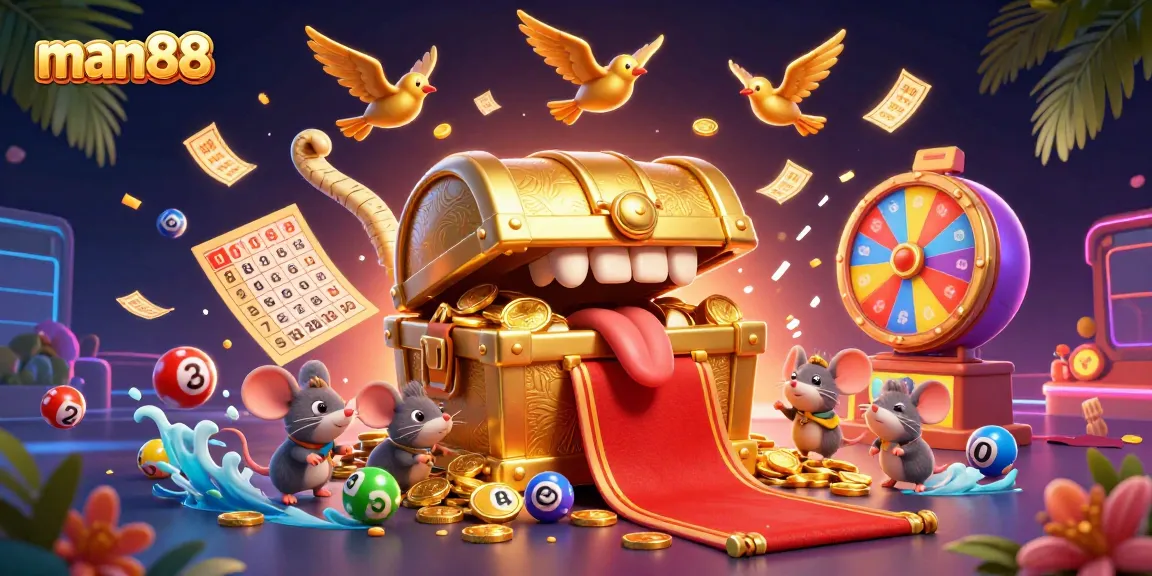 Experience exciting gameplay with man88, featuring a vibrant 3D treasure chest and dynamic lottery elements.