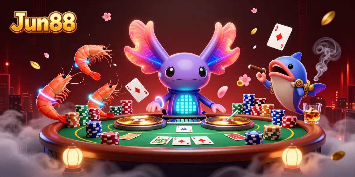 Experience thrilling action at Jun88 with a vibrant casino scene featuring energetic characters.