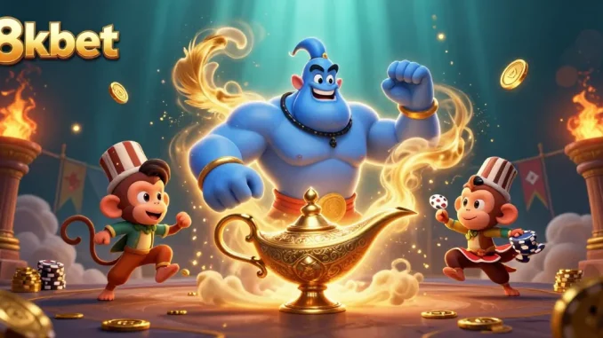 Experience thrilling action with 8xbet as a giant blue genie emerges, featuring vibrant casino elements.
