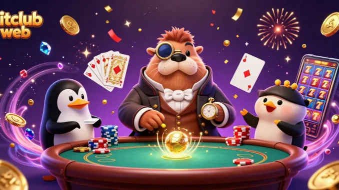 Join the game at hitclub web as walrus, penguin, and pufferfish share a lively poker table.