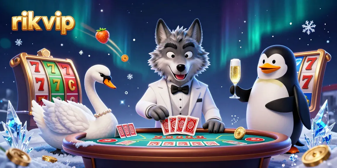 Win big at rik vip with an entertaining scene of gambling characters and slot game elements.