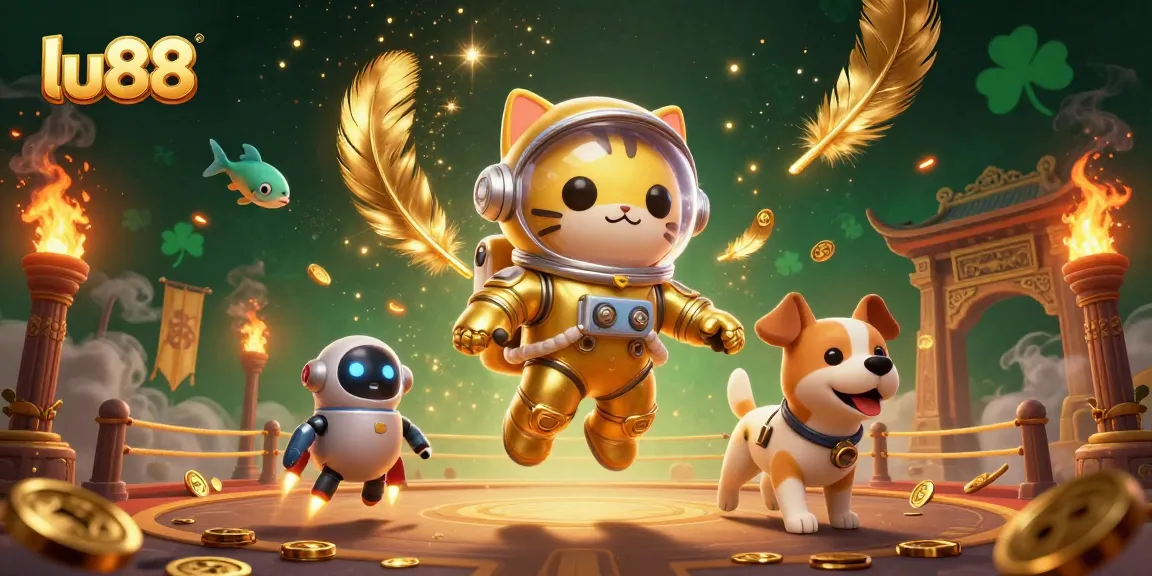 Engage in thrilling casino adventures with lu88 as a cat astronaut explores a dynamic gaming scene.