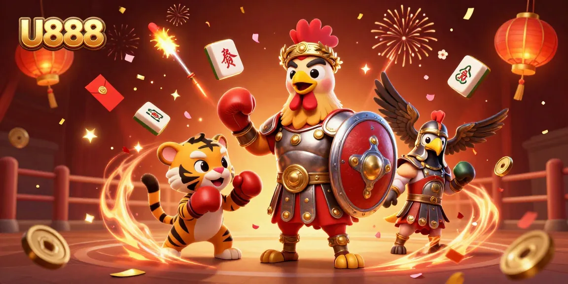 Experience thrilling cockfighting action at U888, where epic battles unfold under vibrant lights and festive decorations.