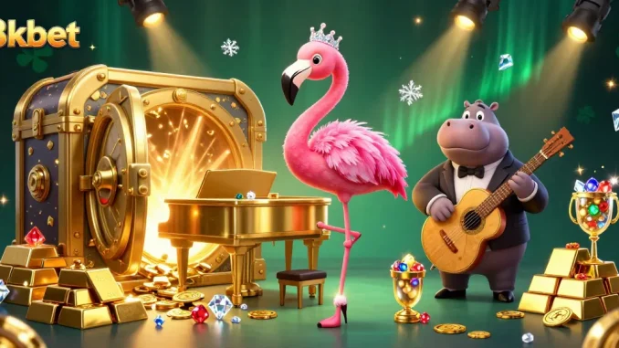 Experience thrilling moments at 8xbet with vibrant casino scene featuring a flamingo singer and hippo bassist.