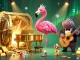 Experience thrilling moments at 8xbet with vibrant casino scene featuring a flamingo singer and hippo bassist.