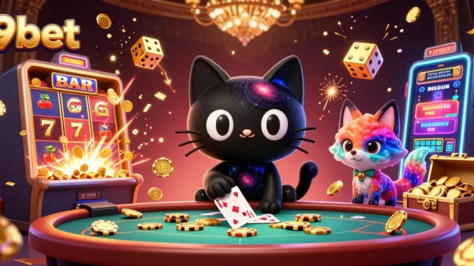 Engage with exciting gameplay at 9bet, featuring a cosmic casino scene with vibrant characters and dynamic games.