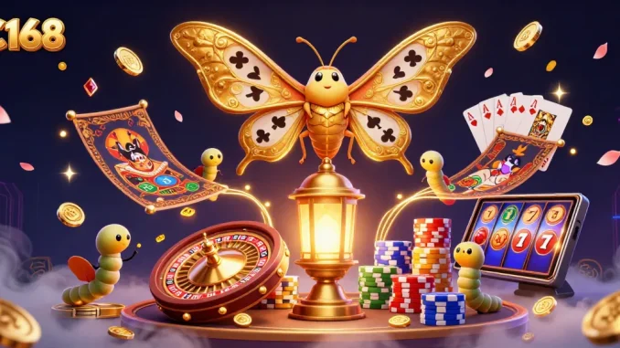 C168 enchants with vibrant casino illustration showcasing golden moth, coins, and poker elements.