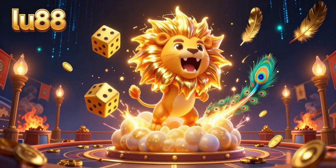Experience the thrilling action of lu88 with a dynamic scene featuring a roaring lion, golden dice, and sports betting excitement.