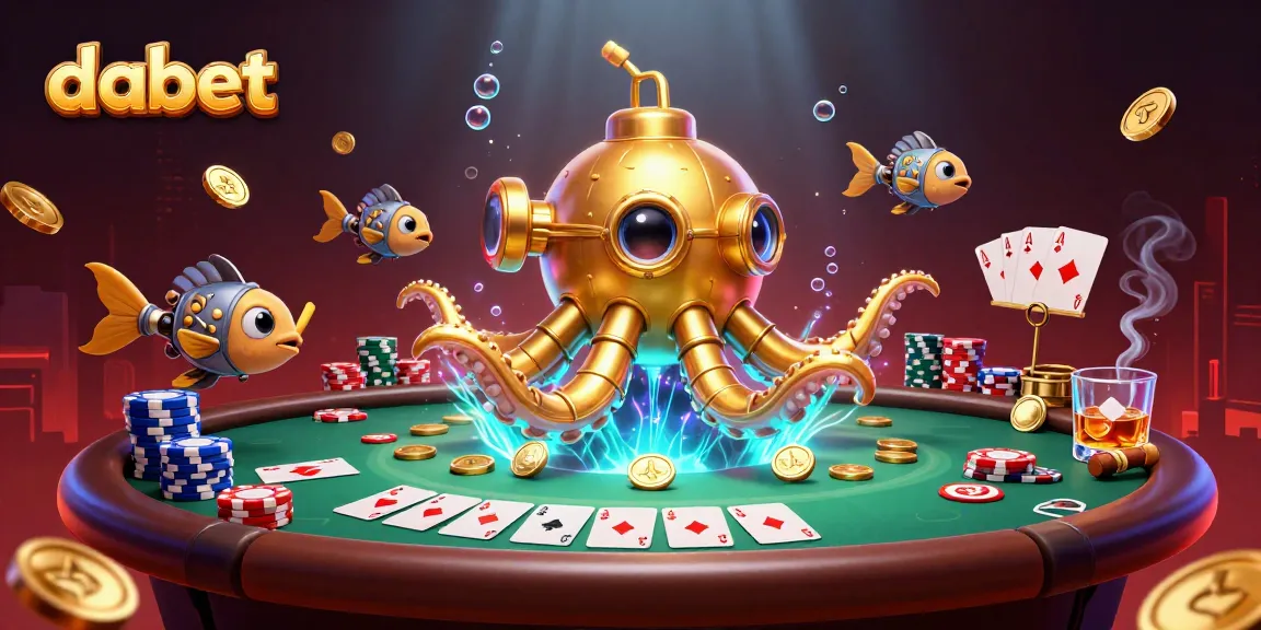 Dabet thrives with a golden kraken submarine amidst poker chips, showcasing thrilling gaming action.