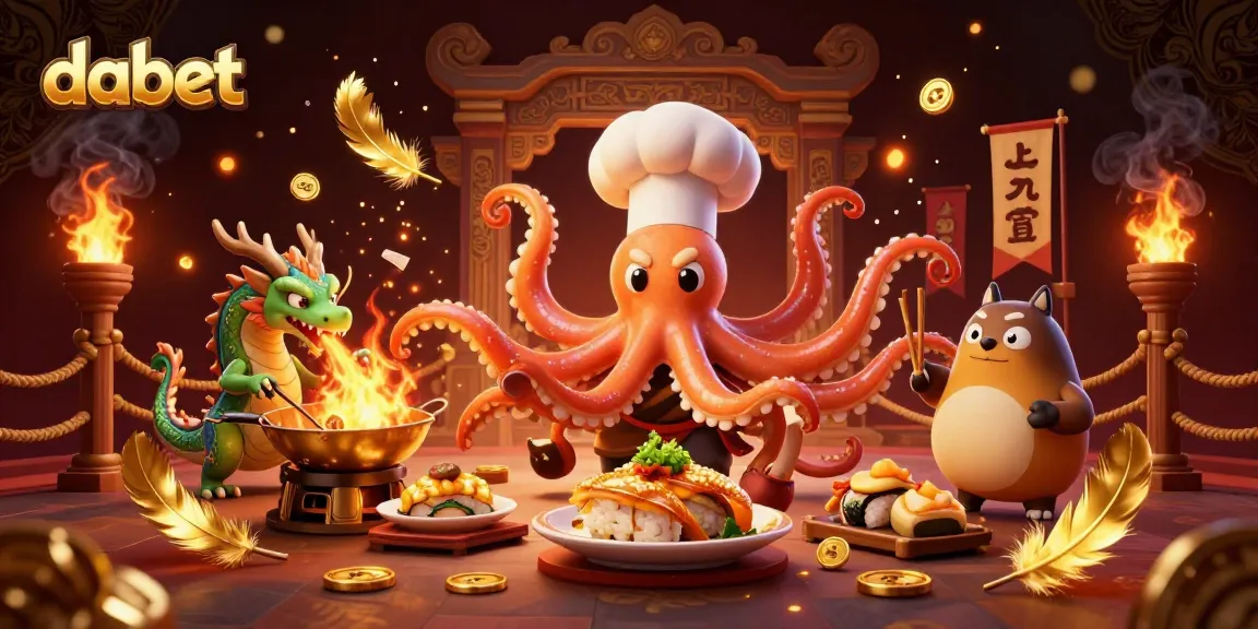 Dabet showcases an adventurous scene with a cartoon octopus chef creating golden dishes in a casino atmosphere.