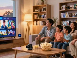 Família assiste IPTV na sala, rindo e se divertindo com programas, ambiente aconchegante.