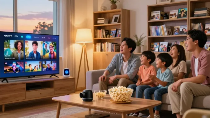 Família assiste IPTV na sala, rindo e se divertindo com programas, ambiente aconchegante.