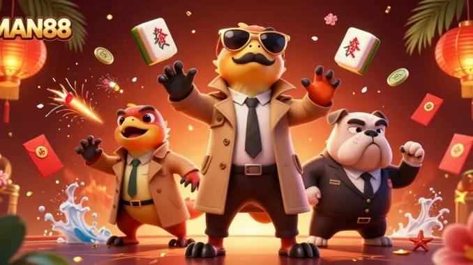 Engage in thrilling gameplay at MAN88 with vibrant casino elements and 3D characters.