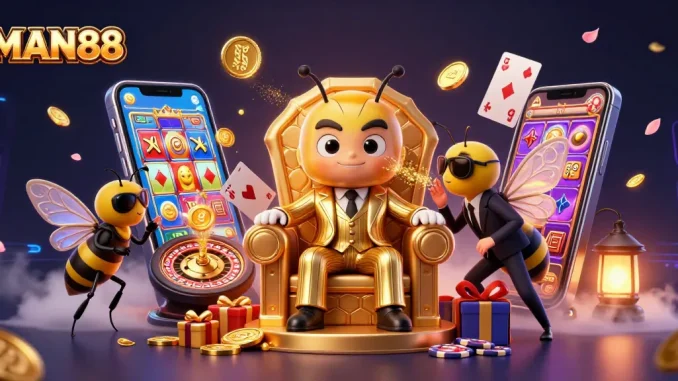 Place your bets with MAN88 in this vibrant, dynamic casino scene featuring a bumblebee mob boss.