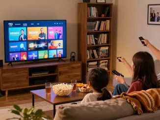 Família assistindo bestbraziliptv em uma sala de estar aconchegante.