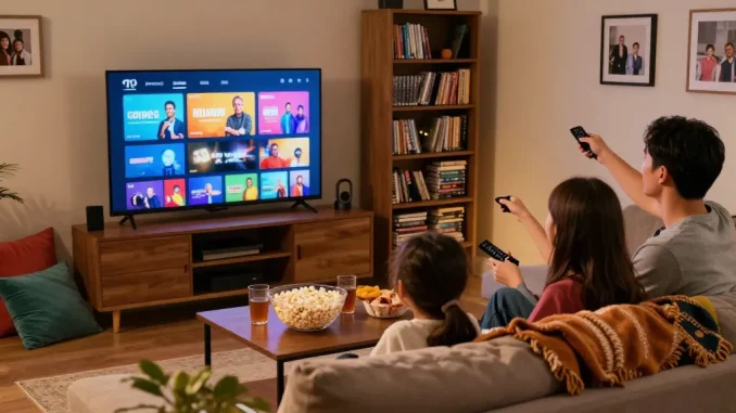 Família assistindo bestbraziliptv em uma sala de estar aconchegante.