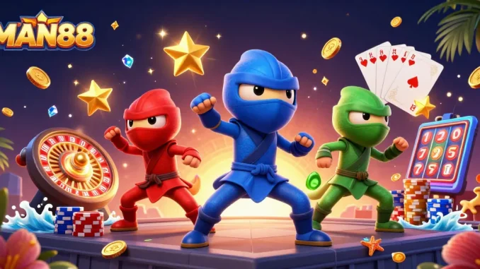 Experience thrilling wins at MAN88 with ninja chameleons and vibrant casino elements in action.