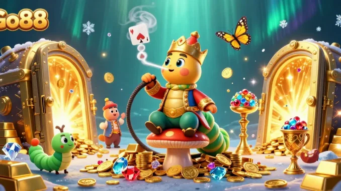 Engage in thrilling gameplay at Go88, featuring an enchanting 3D scene with poker elements and vibrant treasures.
