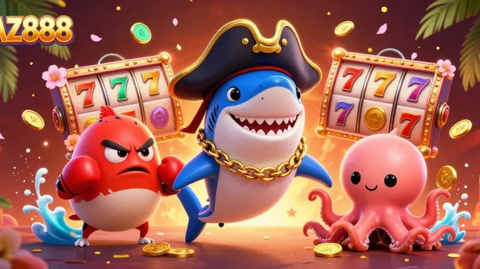 Experience the thrill of AZ888 with vibrant casino characters and dynamic slot game elements.