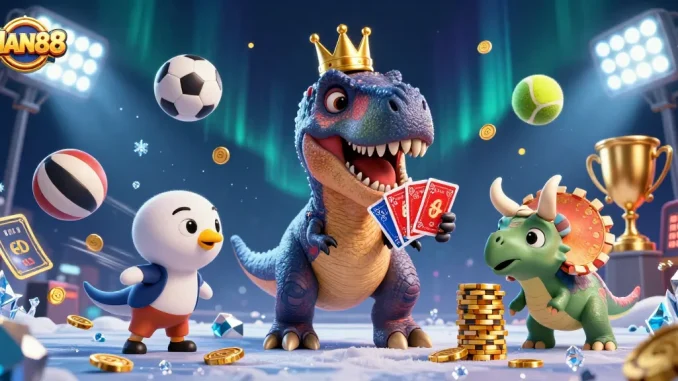 Watch the friendly MAN88 T-Rex shuffle cards while a pterodactyl assists in a vibrant casino scene.