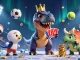Watch the friendly MAN88 T-Rex shuffle cards while a pterodactyl assists in a vibrant casino scene.