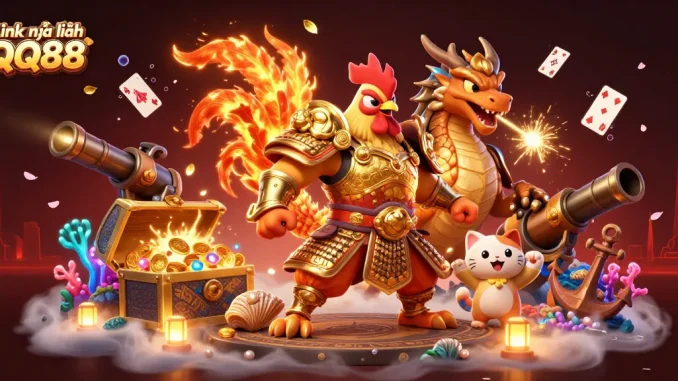 Experience thrilling gaming action at Link mới nhất QQ88 with dynamic characters in a rich, illustrative casino scene.