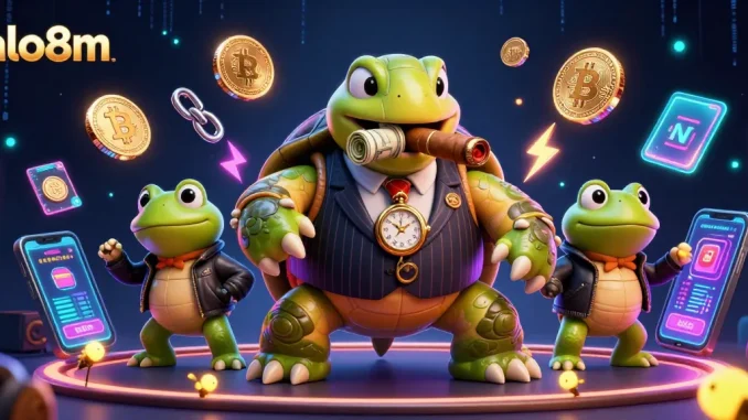 Engage in winning strategies with alo8m in this vibrant casino scene featuring exotic characters and crypto elements.