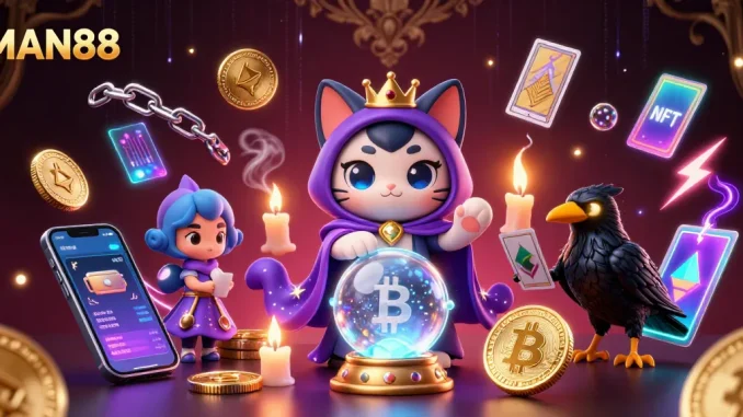 Engage in top-tier gaming at MAN88, featuring mystical characters and vibrant crypto elements.