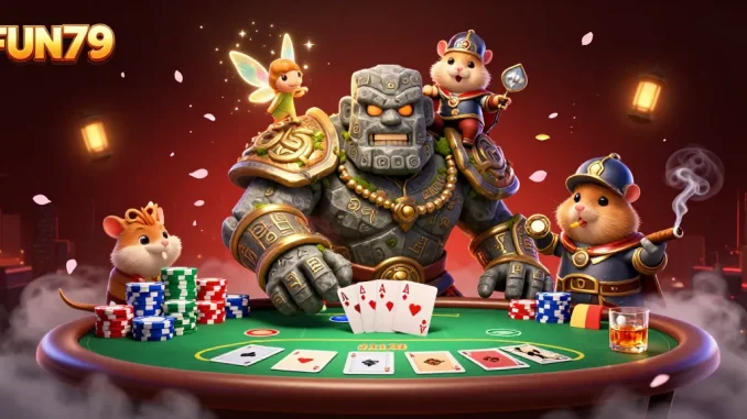 Play exciting games at FUN79, featuring a vibrant casino scene with magical elements and poker setups.