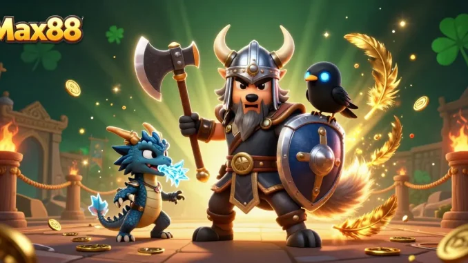 Engage with Max88's epic gambling adventure featuring a Viking warrior and dragon in a dynamic casino scene.