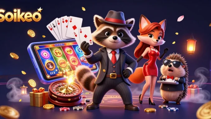 Bet on soikeo with a 3D animated raccoon and friends showcasing gaming excitement.