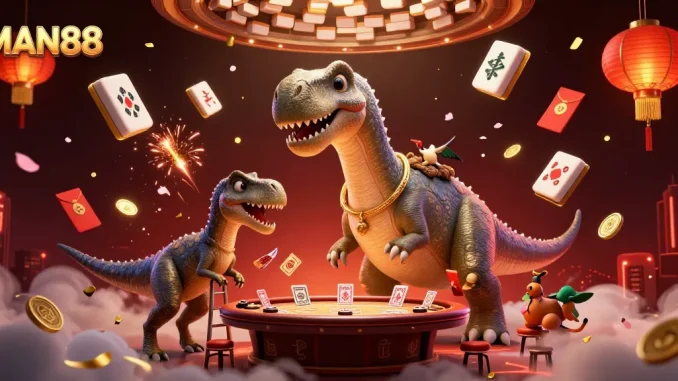 Experience thrilling gaming at MAN88 with a vibrant illustrative casino scene featuring unique characters.