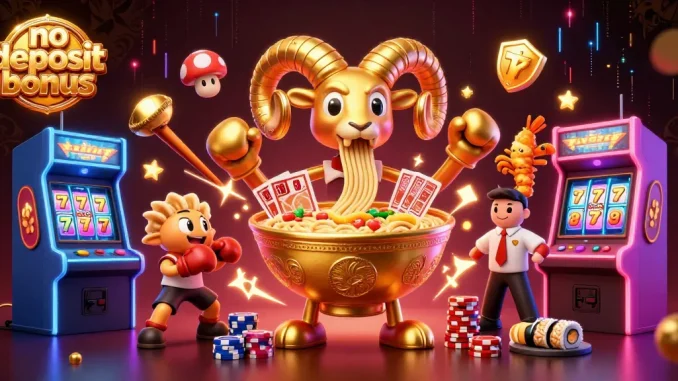 Engage with the vibrant no deposit bonus scene featuring whimsical casino characters and energetic gaming elements.