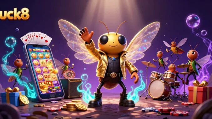 Experience luck8 with a rock star cicada in a vibrant casino atmosphere full of excitement.