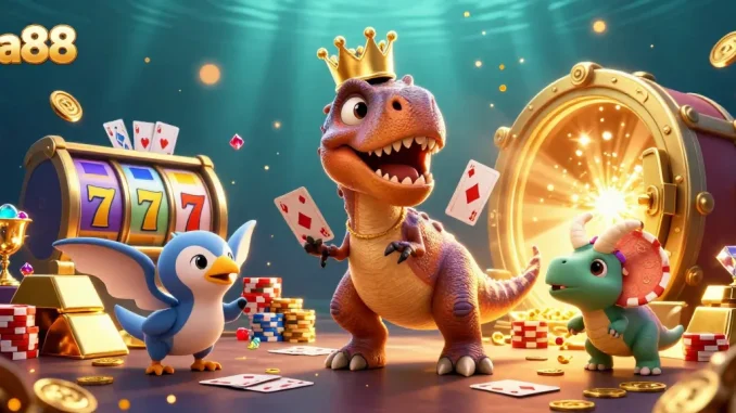 ta88 showcases a playful casino scene with a T-Rex shuffling cards and a triceratops stacking chips.