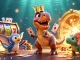ta88 showcases a playful casino scene with a T-Rex shuffling cards and a triceratops stacking chips.