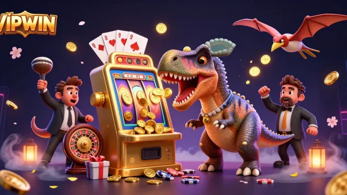 VIPWIN features an exciting scene with animated dinosaurs celebrating jackpot wins at a vibrant casino.
