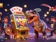 VIPWIN features an exciting scene with animated dinosaurs celebrating jackpot wins at a vibrant casino.