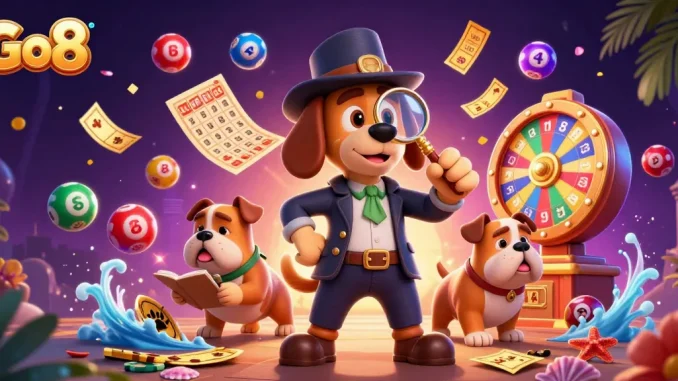 Engage with Go8's vibrant gaming scene, where colorful lottery balls bounce around a detective uncovering treasures.