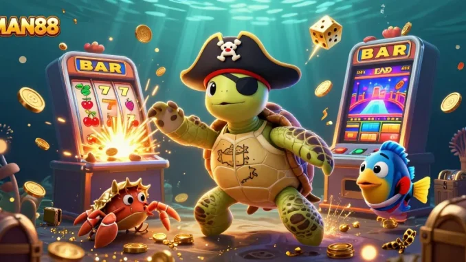 Experience thrilling rewards with MAN88 as the pirate turtle, hermit crab, and parrotfish uncover treasures in a vibrant casino scene.