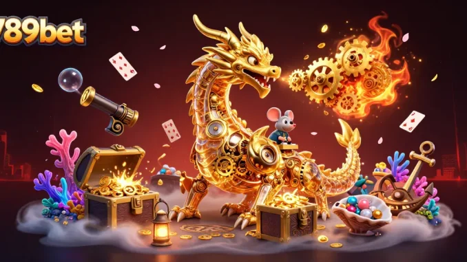 Engage in vibrant gaming adventures with 789bet featuring a golden dragon and treasure elements.